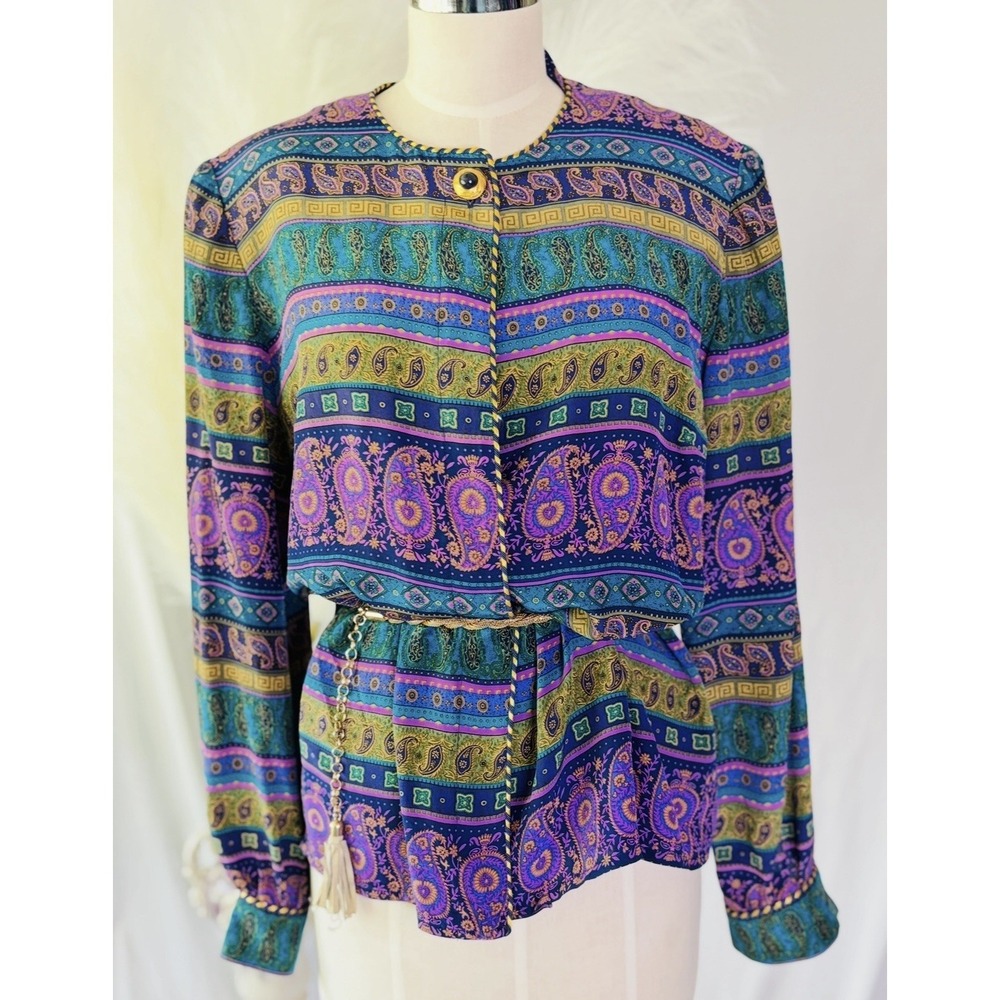 Maggy London Silk Baroque Blouse Jacket with Jewel Tones and Gold‎ Accents M